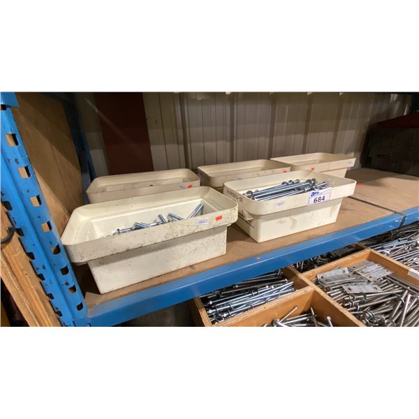 5 PLASTIC BINS OF ASSORTED INDUSTRIAL READY ROD CONNECTERS, WASHERS & HARDWARE *MUST TAKE ALL,