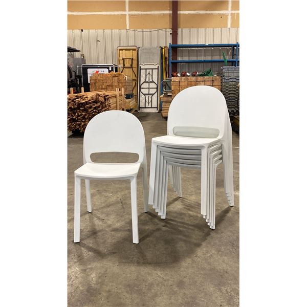 STACK OF 6 WHITE PLASTIC COMMERCIAL CURVED BACK OUTDOOR PATIO CAFE CHAIRS