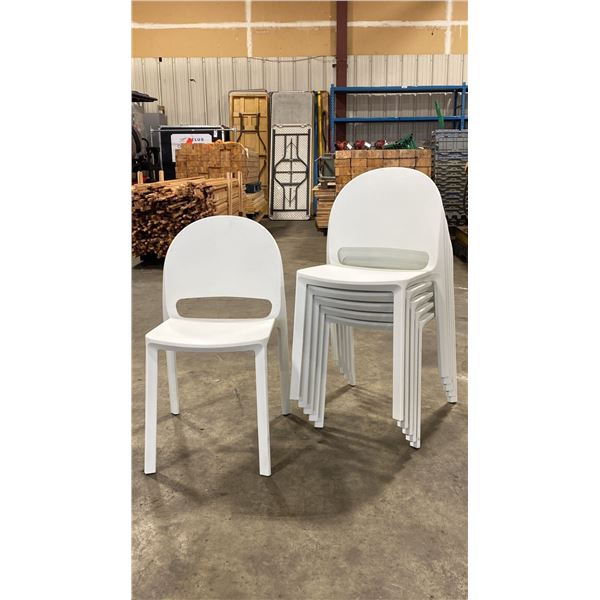 STACK OF 6 WHITE PLASTIC COMMERCIAL CURVED BACK OUTDOOR PATIO CAFE CHAIRS