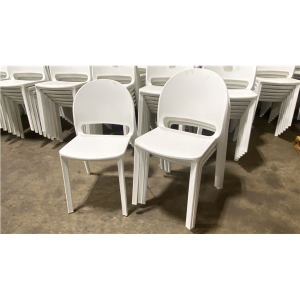 STACK OF 4 WHITE PLASTIC COMMERCIAL CURVED BACK OUTDOOR PATIO CAFE CHAIRS