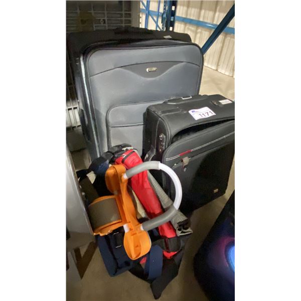 2 ASSORTED SIZE TRAVEL LUGGAGE, SATCHEL BAGS, & AB ROLLER STYLE WORK OUT DEVICE