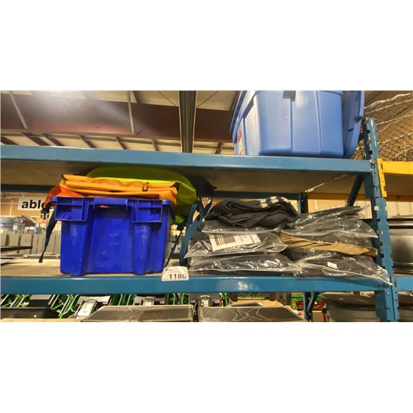 BLUE BIN OF ASSORTED DRY BAGS, BLUE BIN OF ASSORTED GREY WOOL BLANKETS, & ASSORTED GREY FIRST AID