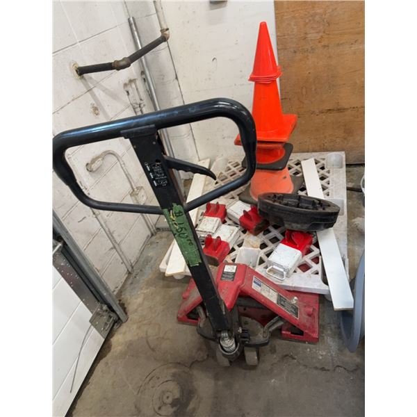 Pallet Jack With Traffic Cones, Barriers, and Weights