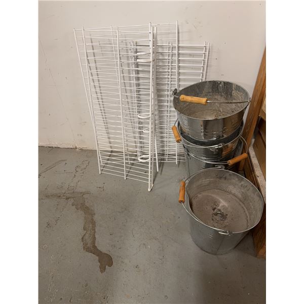 3 Metal Buckets with Wooden Handles and 5 Wire Shelves