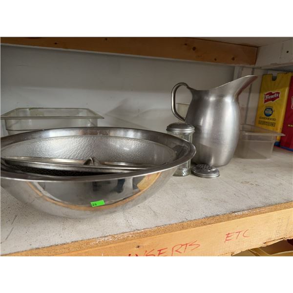 Stainless Steel Mixing Bowls, Pitcher, and Shakers Lot