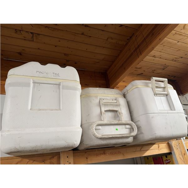 Three White Hard-Sided Coolers