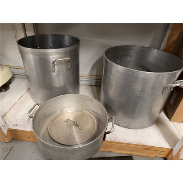 Three Large Aluminum Stock Pots with One Lid