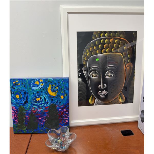 Framed Buddha Print, Abstract Painting, and Glass Dish