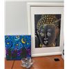 Image 1 : Framed Buddha Print, Abstract Painting, and Glass Dish