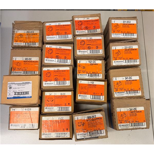 Qty 18 Boxes Bridgeport Compression Connectors, EMT Couplings, Bushings, Nipples, etc (Qty may vary)