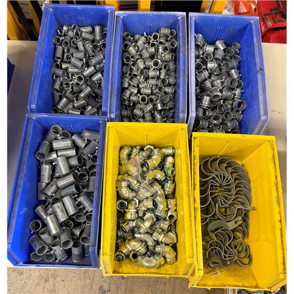 Qty 6 Bins Hardware: Couplings, Connectors, Straps, etc  (Qty may vary)