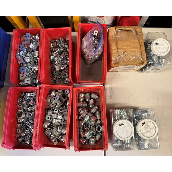 Qty 6 Bins & Misc Jars Hardware: Couplings, Connectors, Clamps, Straps, etc  (Qty may vary)