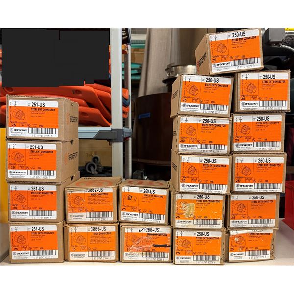 Qty 19 Boxes Bridgeport Rigid Connectors, EMT Couplings, etc (Qty may vary)