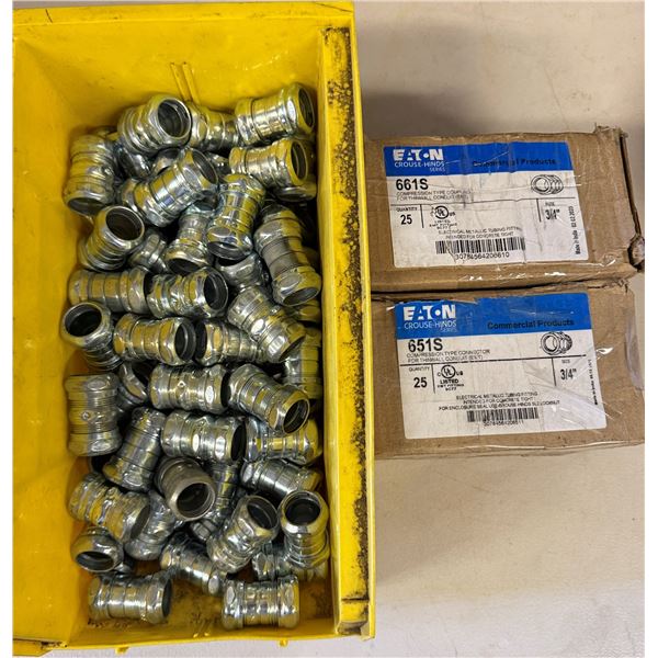 Qty 2 Boxes Eaton 661S Couplings  & 651S Connectors w/ Bin EMT Compression Couplings  (Qty may vary)