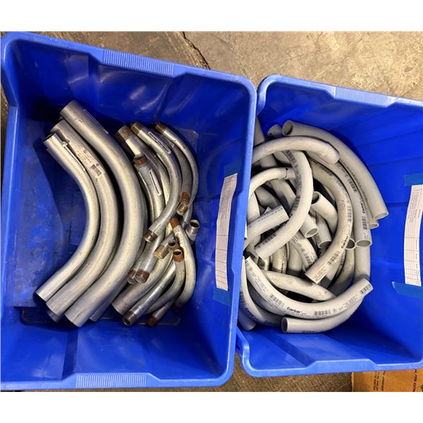 Qty 2 Bins Metal & PVC Conduit Elbows w/ Some Fitted Ends, Misc Sizes  (Qty may vary)