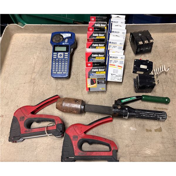 Brady Label Maker & Cartridges, 2 Cable Boss Staple Guns, Greenlee 7704 Flex Driver, etc