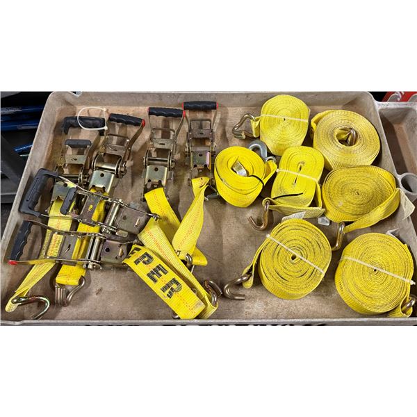 Multiple Ratchets & Yellow Cargo Tie-Down Straps w/ Hooks
