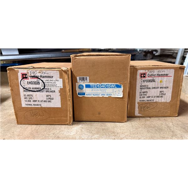 Qty 3 Boxes Eaton Cutler-Hammer & GE  Industrial Circuit Breakers, Misc Sizes