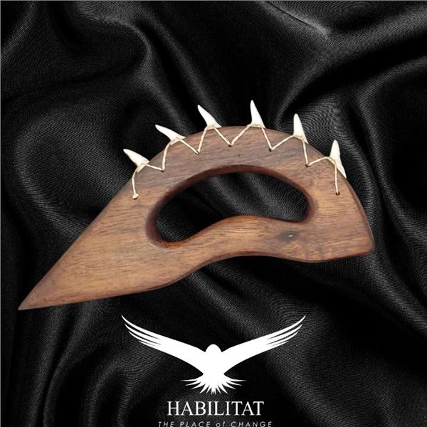 Wood Knuckle Duster with Faux Shark Teeth 8.125"
