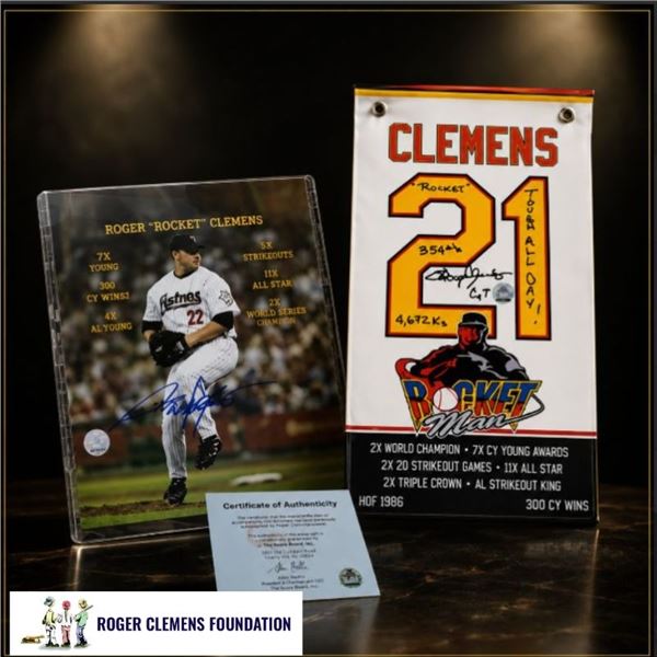 Roger Clemens Autographed Exclusive “Rocketman” Banner & Houston Astros 8" x 10"