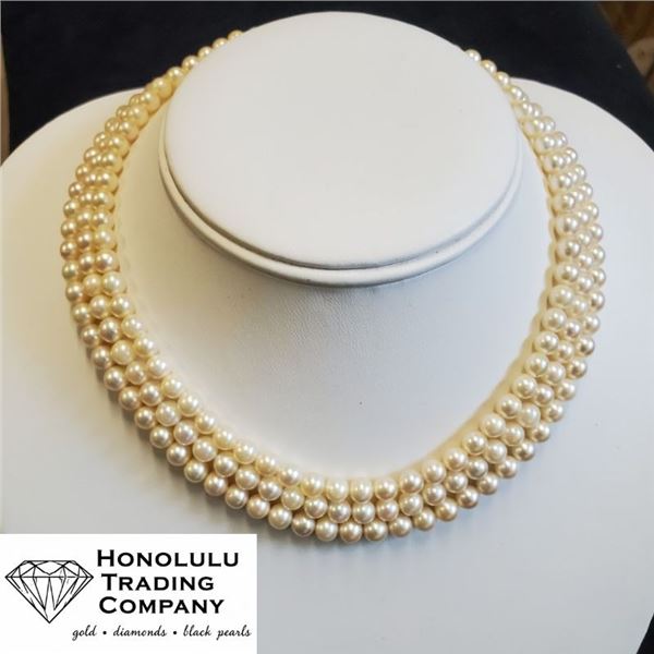 10k White Gold Clasp, Three Strand Akoya Pearl Necklace