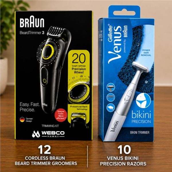 12 Cordless Braun Beard Trimmer Groomers, 10 Venus Bikini Precision Razors