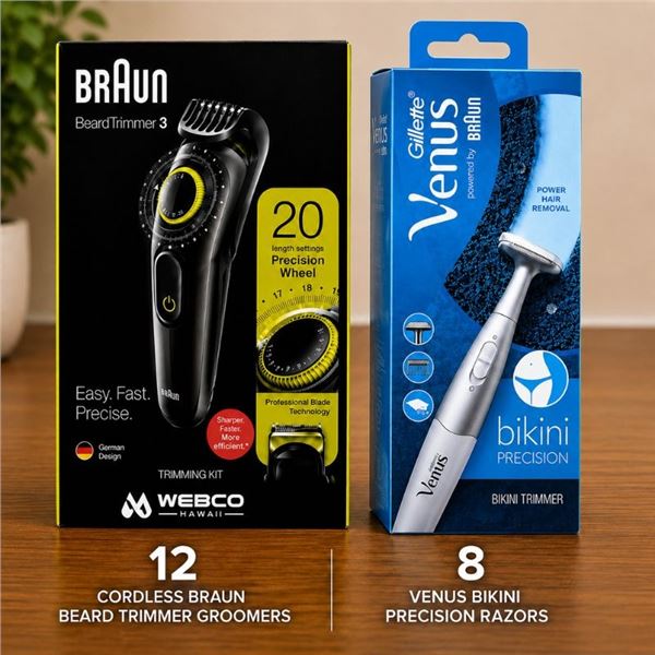 12 Cordless Braun Beard Trimmer Groomers, 8 Venus Bikini Precision Razors