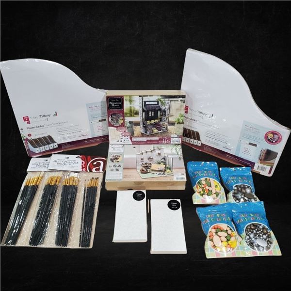 DIY Crafting Bundle with Miniature House Kits, Beads & Paint Brushes