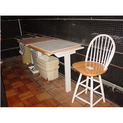 TABLE, PAPER CUTTER, STOOL & PLASTIC TUB