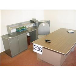 DESK, CREDENZA, CABINET & CHAIR (X4)