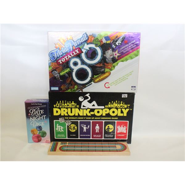 DRUNKOPOLY, DATE NIGHT DICE, CRIB, TRIVIAL PURSUIT