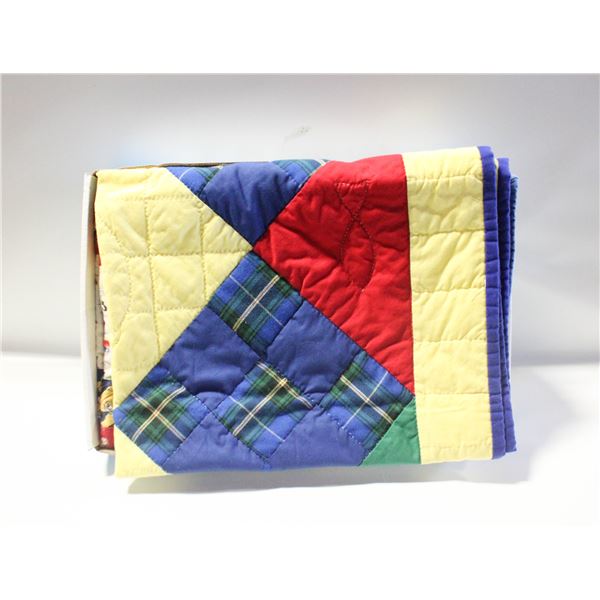 2 HOME-MADE QUILTS, RED, YELLOW, BLUE,