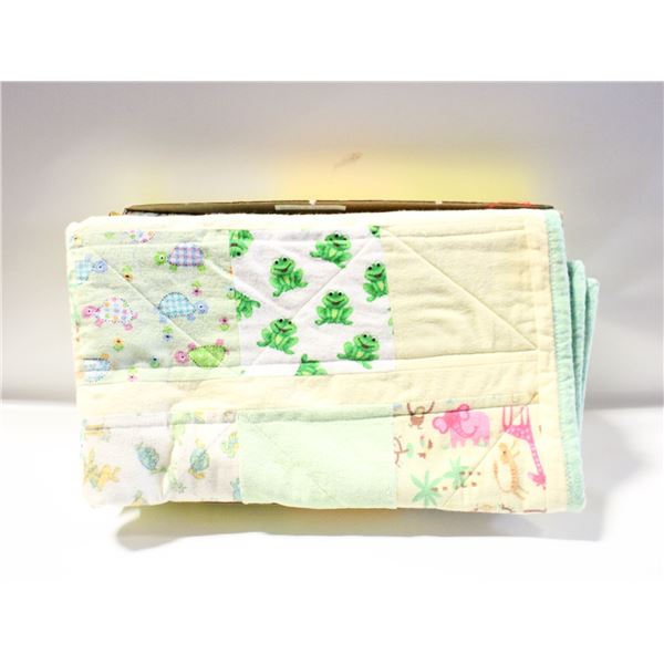 2 HOME-MADE QUILTS, GREEN, YELLOW, 40"X35"