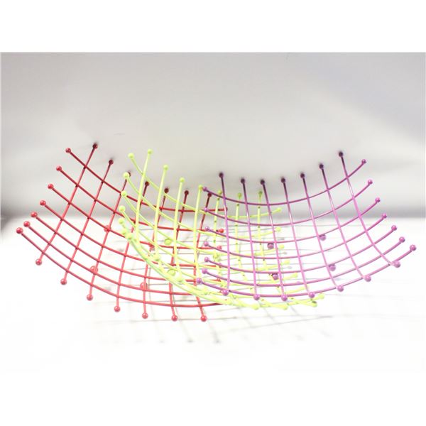 3 WIRE FRUIT BOWLS. RED, GREEN AND PURPLE