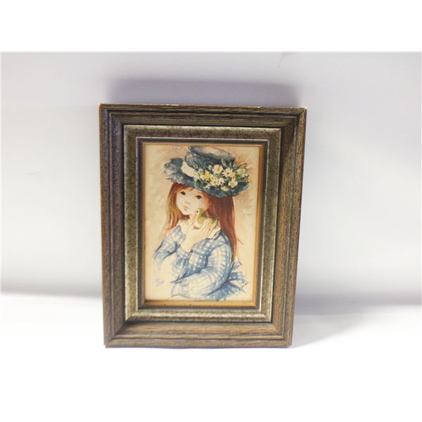 VINTAGE FRAMED "GIRL & HER BIRD" PRINT