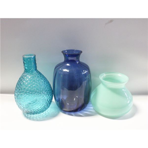 BLUE GLASS VASES- LOT OF 3