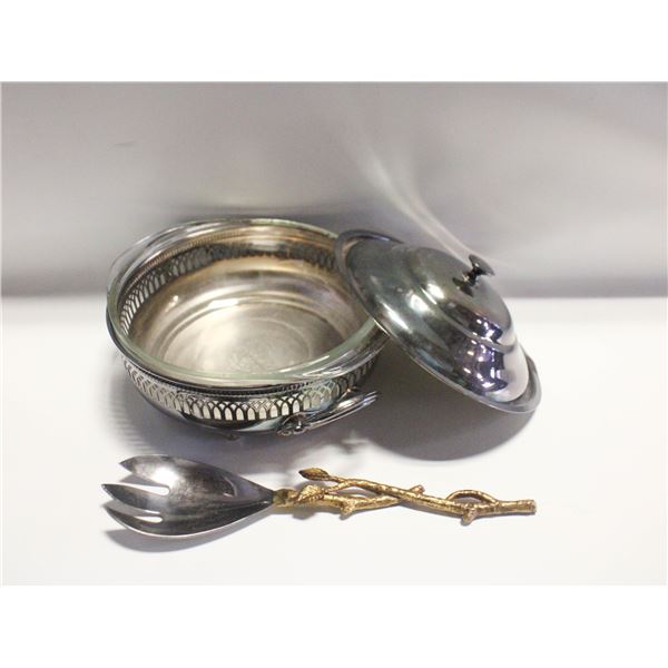 SILVER PLATED SERVING DISH WITH GLASS
