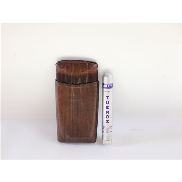 VINTAGE LEATHER CIGAR HOLDER & TUEROS TIN