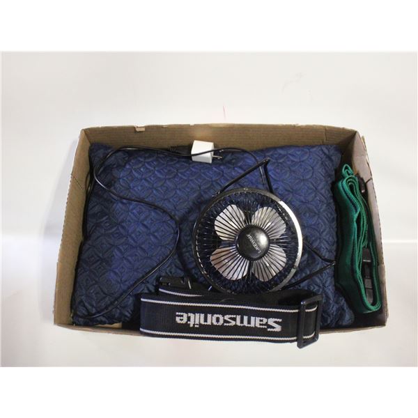 TRAVEL ITEMS-FAN/PILLOW/STRAPS/MISC BOX LOT