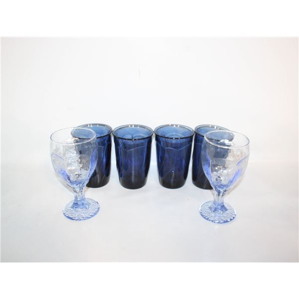 4 BLUE GLASS TUMBLERS + 2 BLUE GLASS GOBLETS