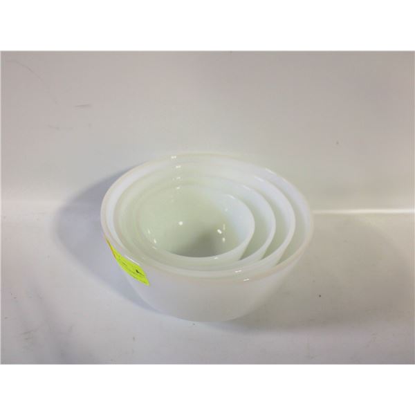 SET OF 4 MILK GLASS BOWLS. #3 HAS CHIPS