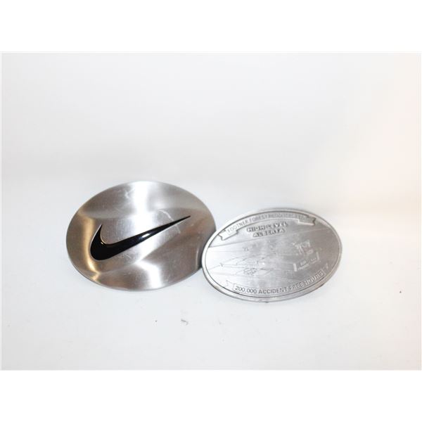 2 BELT BUCKLES, 'NIKE' & 'HIGH LEVEL 200,000