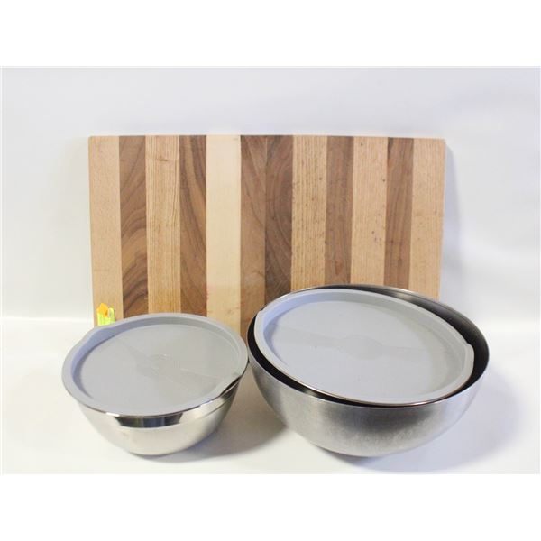 LARGE WOODEN CUTTING BOARD WITH STAINLESS