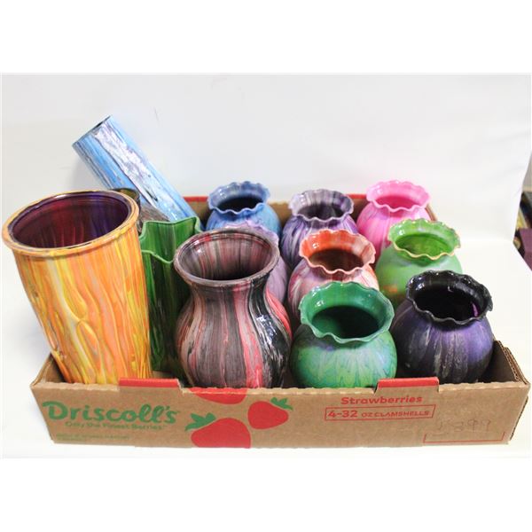 FLAT OF GLASS VASES WITH ASSORTED DESIGNS