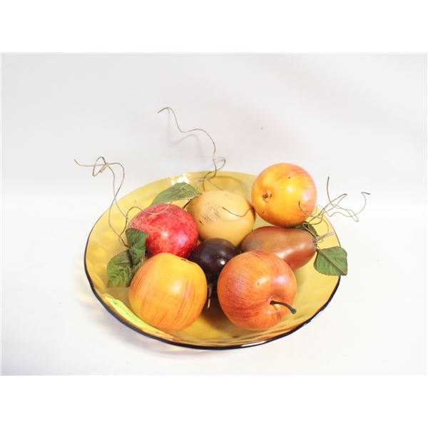 AMBER GLASS BOWL W/FAUX FRUIT ARRANGEMENT