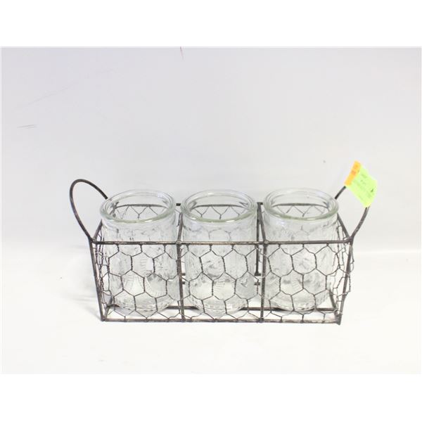 VINTAGE WIRE RACK W/ 3 GLASS VASES