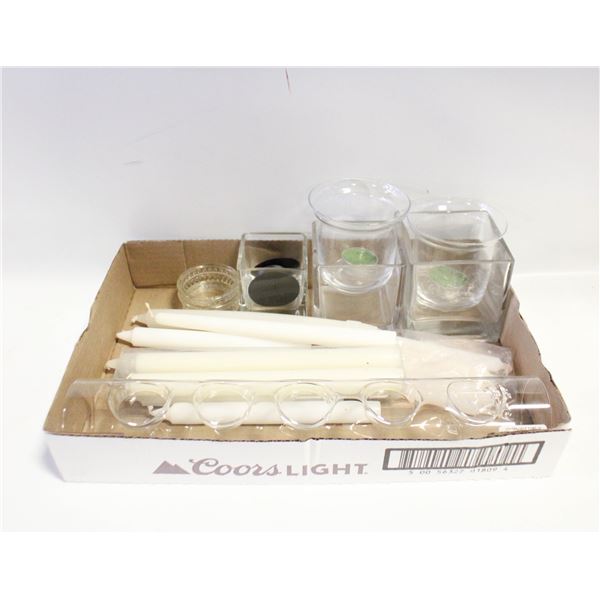CANDLES & CANDLE HOLDERS BOX LOT ASSORTED