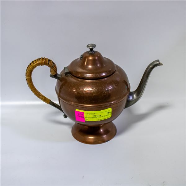VINTAGE COPPER TEA POT WOVEN RATTAN
