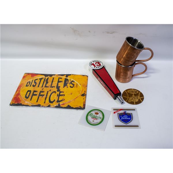 BAR TAP, COPPER MULE MUGS, METAL TIN SIGN &