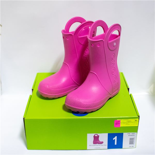CROCS KIDS RUBBER RAIN BOOTS NEON PINK SIZE 1